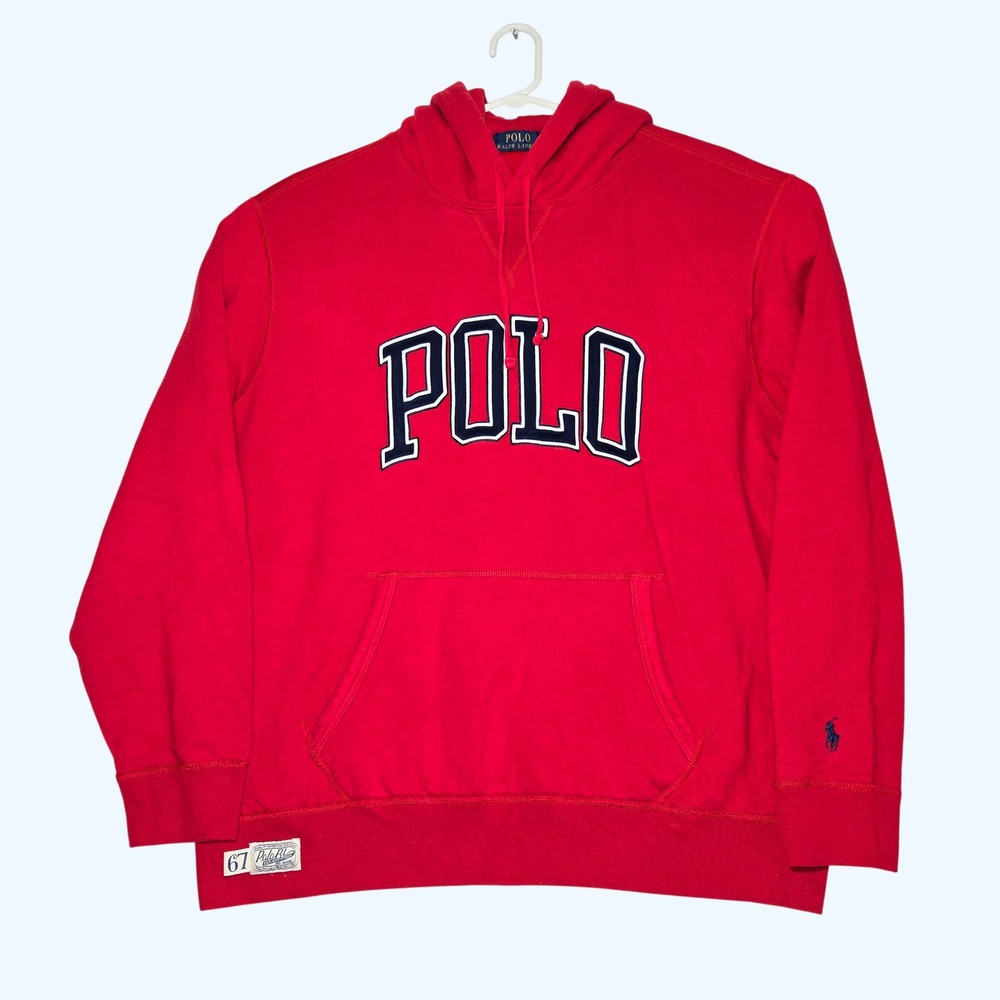 Polo Ralph Lauren Red Spellout Logo Fleece Pullover Hoodie Sweatshirt Mens XL